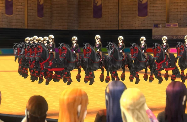 Un groupe de cavaliers effectue une performance synchronisée avec leurs chevaux dans une arène, illustrant la discipline et la coordination.