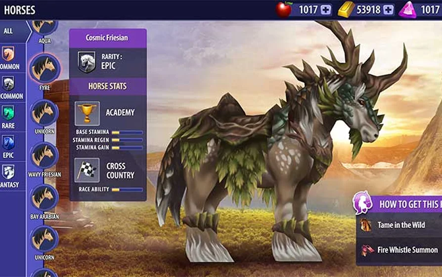 Interface du jeu Horse Riding Tales: Wild Pony affichant un cheval fantastique avec ses statistiques et options de progression.