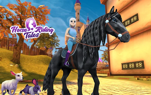 Un cheval noir avec son cavalier se tient devant un château dans un environnement coloré du jeu Horse Riding Tales: Wild Pony.